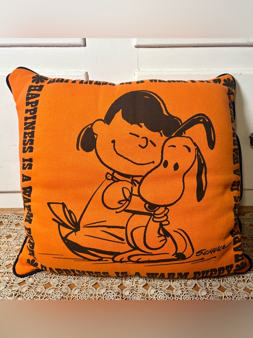 Vintage 60s Charles Schulz Happiness is a Warm Puppy Lucy Snoopy Throw Pillow